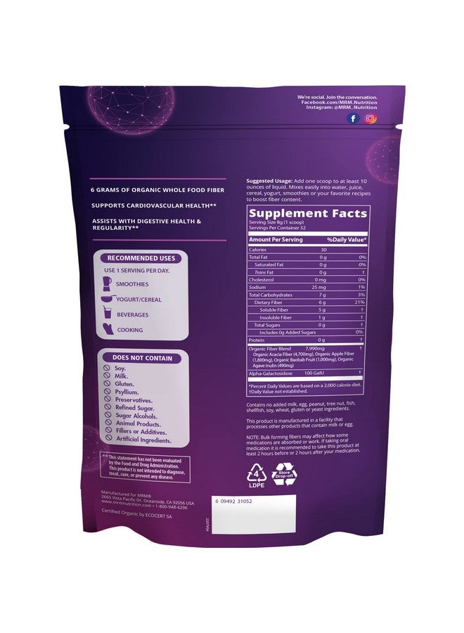 MRM Nutrition Whole Food Organic Fiber | with Enzymes + Prebiotics | Insoluble + Soluble fibers | Digestive Health + Regularity | 6g Fiber per Serving | 32 Servings - Image 2