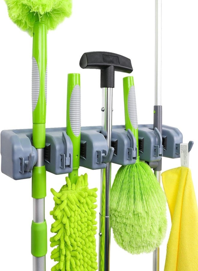 CLAPONE Mop and Broom Holder Plastic 5 Slot with 6 Hooks Mop and Broom Holder/Mop Stick Holder Wall Mounted/Holder/Broom Stand/Mop Hanger for Home/Office/Hotels/Stick Storage Rack(Grey) - Image 1