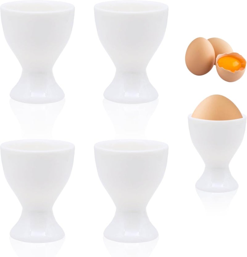 طقم من 4 أكواب بيض من البورسلين، أكواب بيض مستديرة، بورسلين أبيض، حامل بيض، حامل بيض قابل للتكديس لوجبة الإفطار، أداة طهي لوجبة الإفطار تناسب جميع أحجام البيض، آمن للغسل في غسالة الصحون (5.2 × 6.5 سم)