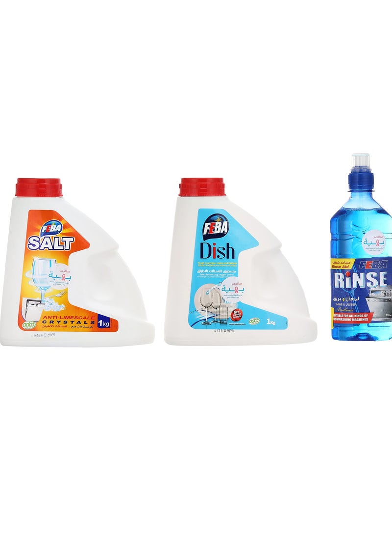 FEBA Feba Dishwashing Powder 1kg +Feba Crystal Dishwashing Salt 1kg +Feba Rinse Aid 250ml  - Image 1