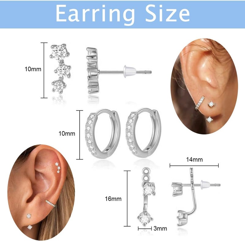 HANNEA® 3 Pairs Ear Studs Silver Earrings Set for Women, Hypoallergenic Zircon CZ Stud Earrings, Fashion Jewelry Gift, Minimalist Cartilage Earring Multipack - Image 2