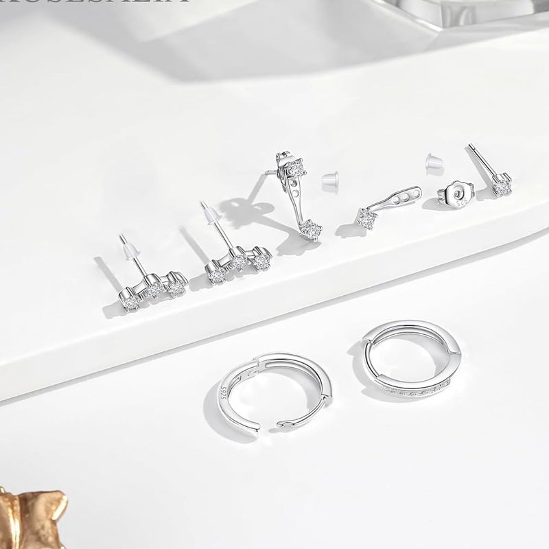 HANNEA® 3 Pairs Ear Studs Silver Earrings Set for Women, Hypoallergenic Zircon CZ Stud Earrings, Fashion Jewelry Gift, Minimalist Cartilage Earring Multipack - Image 5