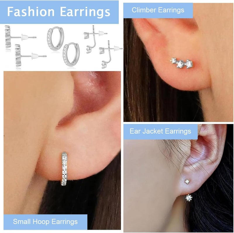 HANNEA® 3 Pairs Ear Studs Silver Earrings Set for Women, Hypoallergenic Zircon CZ Stud Earrings, Fashion Jewelry Gift, Minimalist Cartilage Earring Multipack - Image 3