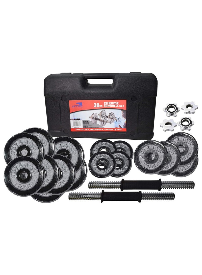 سكاي لاند مجموعة دمبل كروم قابلة للتعديل من سكاي لاند للبالغين - وزن 30 كجم مع مقابض مطلية بالكروم، وأطواق قفل نجمة آمنة، ومقبض مطاطي مانع للانزلاق - EM-9227-30 - Image 5