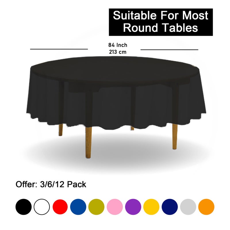 DZ D&Z 12 Pack Black Plastic Tablecloth Table Cloth 84"" Round Disposable Table Cover for Party Birthday Wedding Halloween Thanksgiving - Image 2