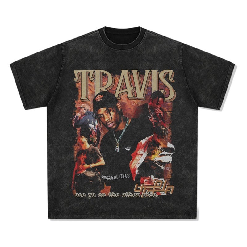 retro hip hop Travis printed long-sleeved short-sleeved T-shirt Vintage washed heavy small neckline trendy men''s t - Image 2