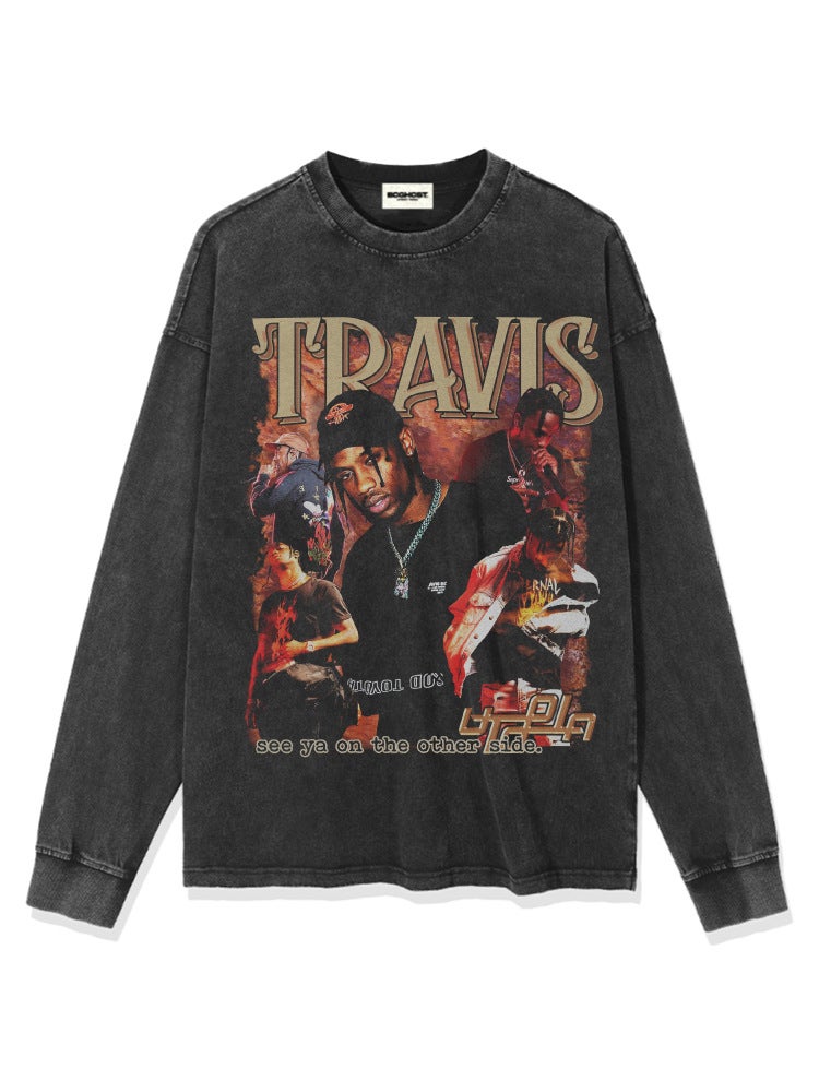 retro hip hop Travis printed long-sleeved short-sleeved T-shirt Vintage washed heavy small neckline trendy men''s t - Image 5