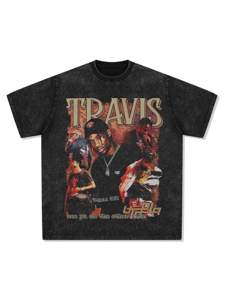 retro hip hop Travis printed long-sleeved short-sleeved T-shirt Vintage washed heavy small neckline trendy men''s t - Image 3