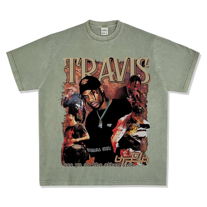 retro hip hop Travis printed long-sleeved short-sleeved T-shirt Vintage washed heavy small neckline trendy men''s t - Image 1