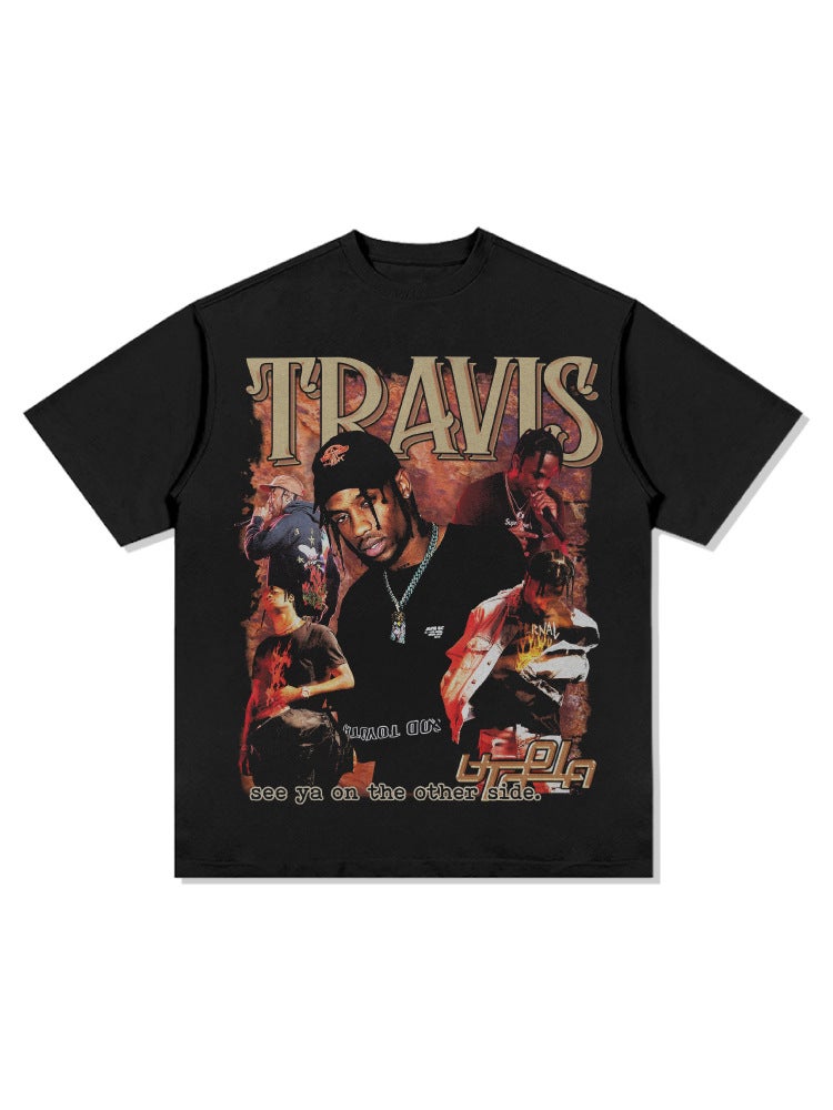 retro hip hop Travis printed long-sleeved short-sleeved T-shirt Vintage washed heavy small neckline trendy men''s t - Image 4