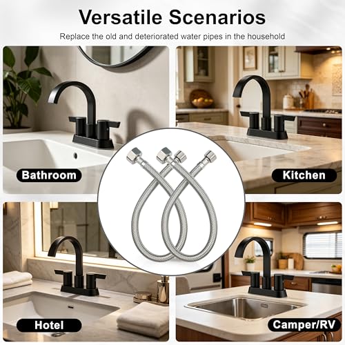 Midanya Faucet Supply Lines,12" Stainless Steel Braided Water Supply Line, 1/2" FIP x 3/8" COMP Faucet Hose, Faucet Hose Connector x 2 Pcs (1 Pair) - Image 3