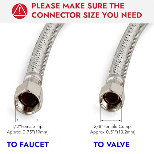 Midanya Faucet Supply Lines,12" Stainless Steel Braided Water Supply Line, 1/2" FIP x 3/8" COMP Faucet Hose, Faucet Hose Connector x 2 Pcs (1 Pair) - Image 4