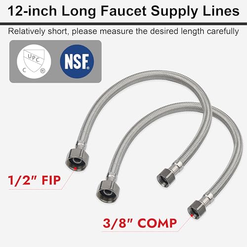 Midanya Faucet Supply Lines,12" Stainless Steel Braided Water Supply Line, 1/2" FIP x 3/8" COMP Faucet Hose, Faucet Hose Connector x 2 Pcs (1 Pair) - Image 2