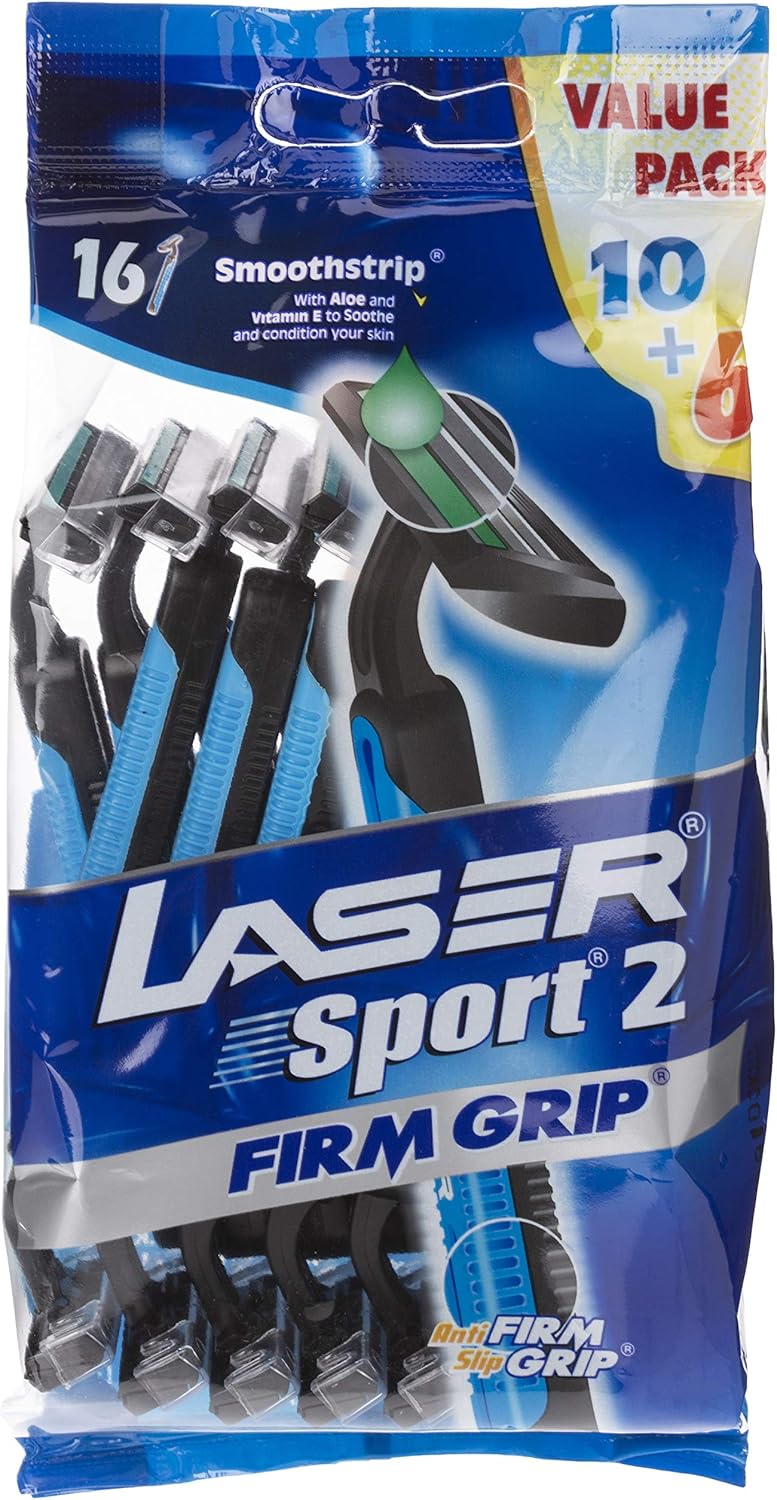 LASER شفرات حلاقة ليزر سبورت 2 ذات المقبض الثابت بشفرات مزدوجة قابلة للاستخدام مرة واحدة - عبوة 16 مع الألوة وفيتامين E - Image 1