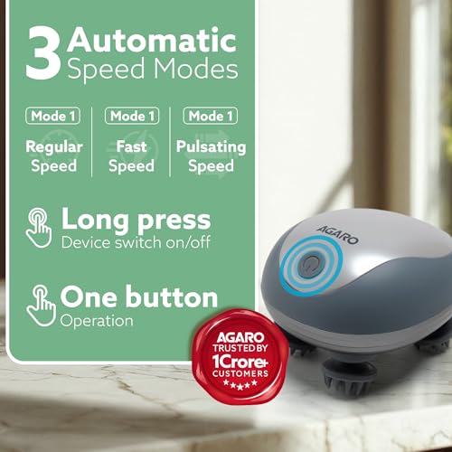 AGARO Scalp Massager, Stress Relief & Relaxation, Handheld & Portable, Rechargeable Electric Head Kneading Massager, 3 Speed Modes, Head Scratcher Massager for Hair Growth, Deep Clean, SM3675, White - Image 3