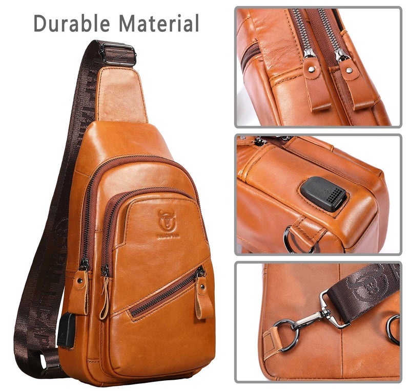 BULLCAPTAIN Leather Sling Bag for Men Crossbody Backpack with USB Charging Port Casual Daypack for Hiking Shoulder & Chest Bag Purse (Brown) - Image 4