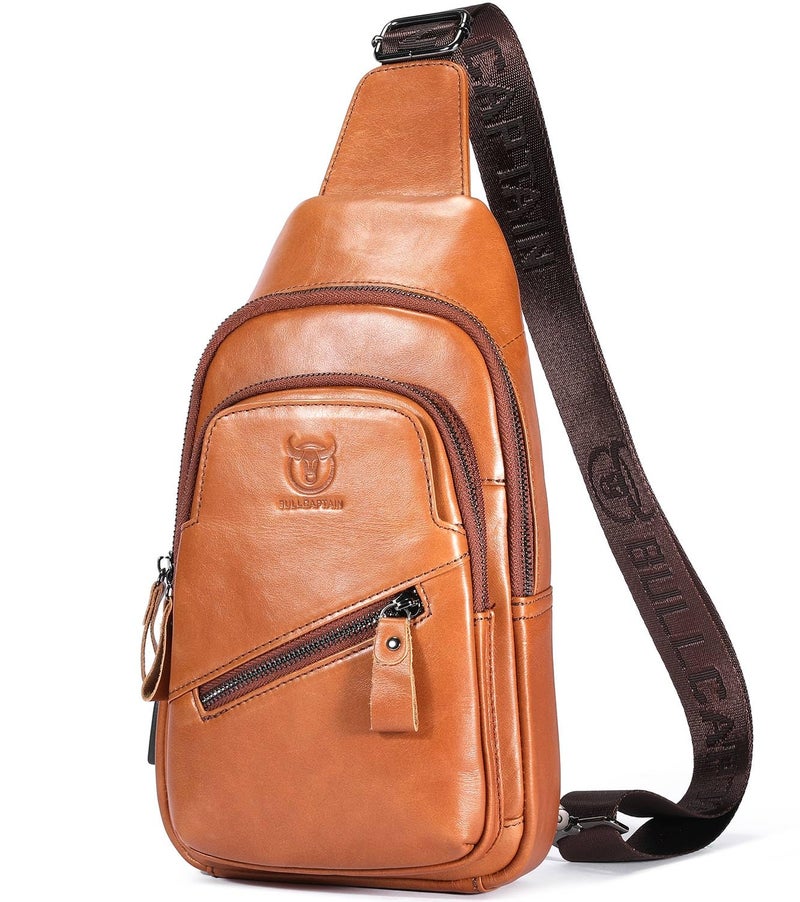 BULLCAPTAIN Leather Sling Bag for Men Crossbody Backpack with USB Charging Port Casual Daypack for Hiking Shoulder & Chest Bag Purse (Brown) - Image 1