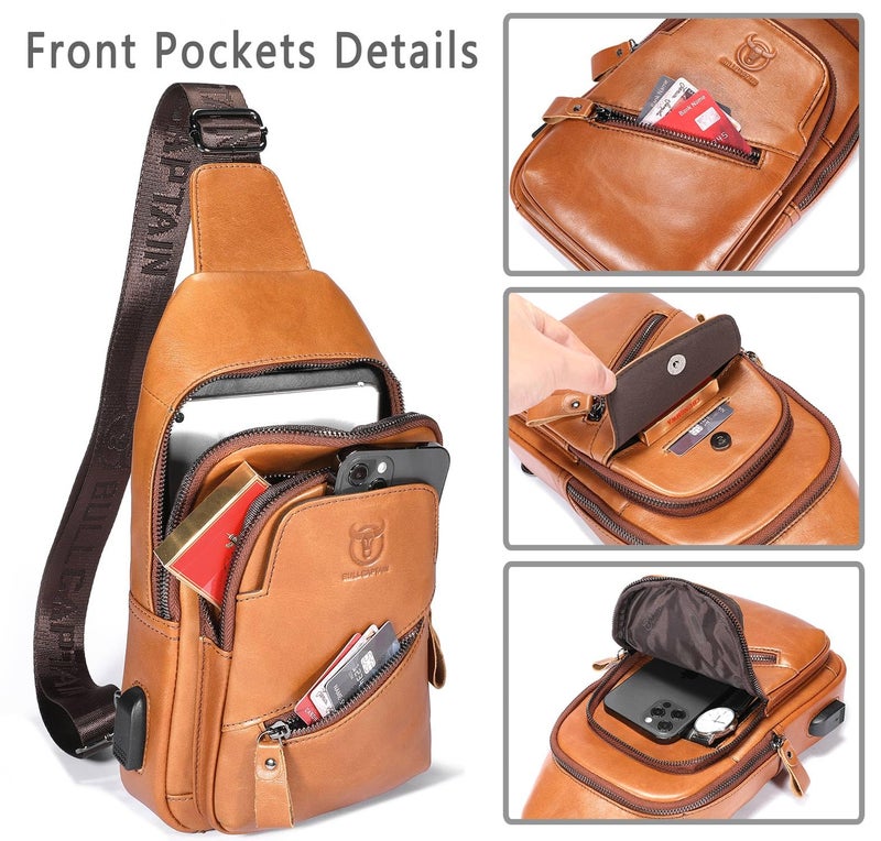 BULLCAPTAIN Leather Sling Bag for Men Crossbody Backpack with USB Charging Port Casual Daypack for Hiking Shoulder & Chest Bag Purse (Brown) - Image 3