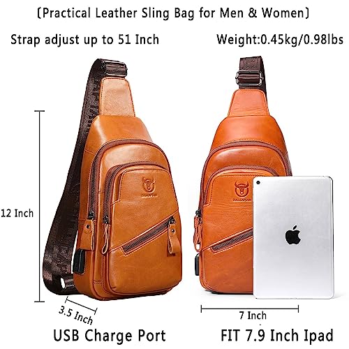 BULLCAPTAIN Leather Sling Bag for Men Crossbody Backpack with USB Charging Port Casual Daypack for Hiking Shoulder & Chest Bag Purse (Brown) - Image 2
