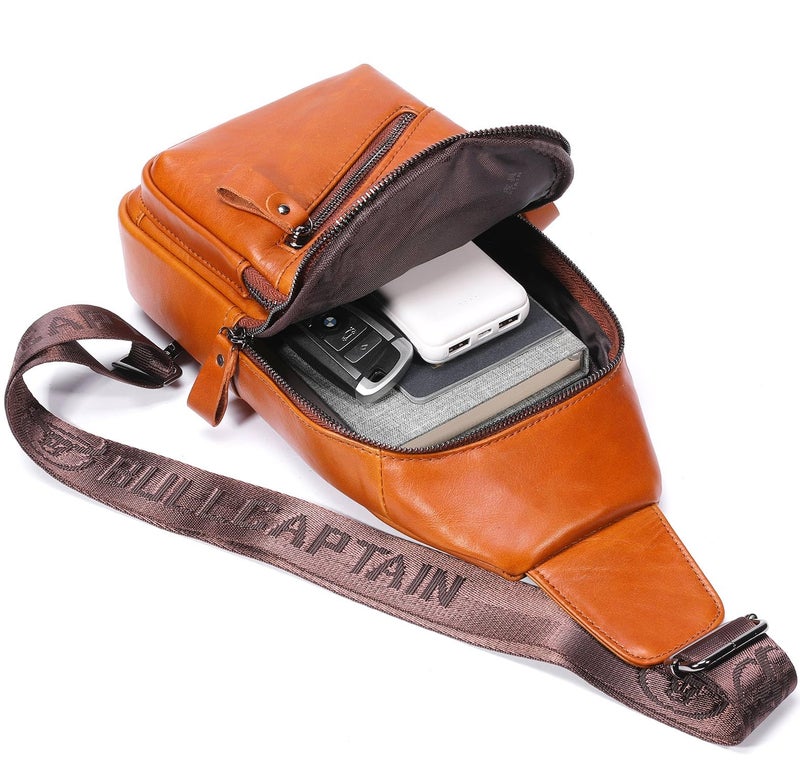 BULLCAPTAIN Leather Sling Bag for Men Crossbody Backpack with USB Charging Port Casual Daypack for Hiking Shoulder & Chest Bag Purse (Brown) - Image 5