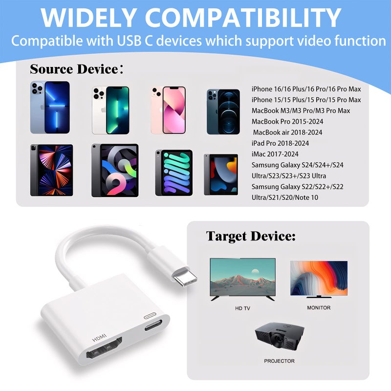 Kinhaly USB C to HDMI for TV, 4K@60Hz Type C to HDMI Adapter with Charging Port, iPhone to Hdmi to USB C Adapter Compatible for iPhone 16/15 Series/iPad Pro/Galaxy/MacBook Pro to HDTV Projector - Image 2