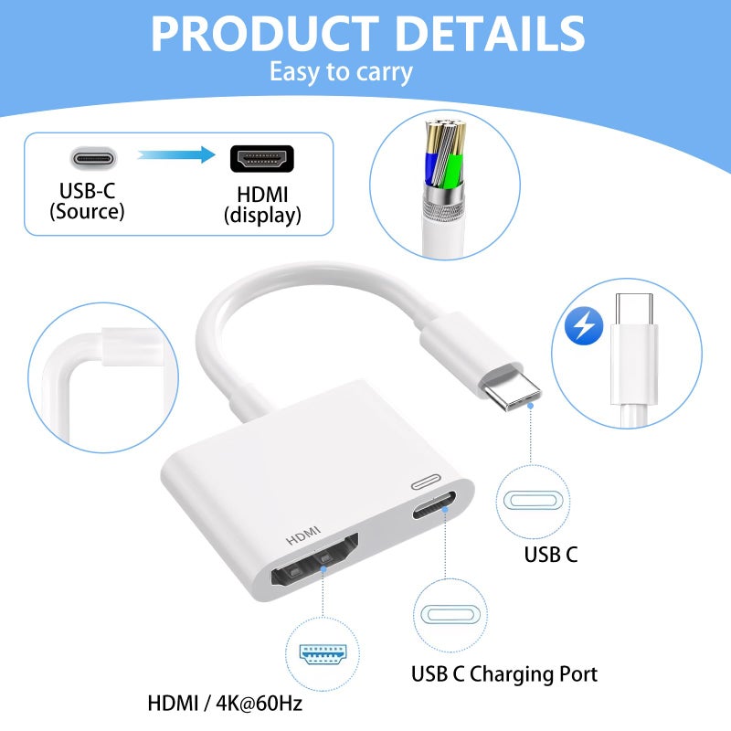 Kinhaly USB C to HDMI for TV, 4K@60Hz Type C to HDMI Adapter with Charging Port, iPhone to Hdmi to USB C Adapter Compatible for iPhone 16/15 Series/iPad Pro/Galaxy/MacBook Pro to HDTV Projector - Image 3