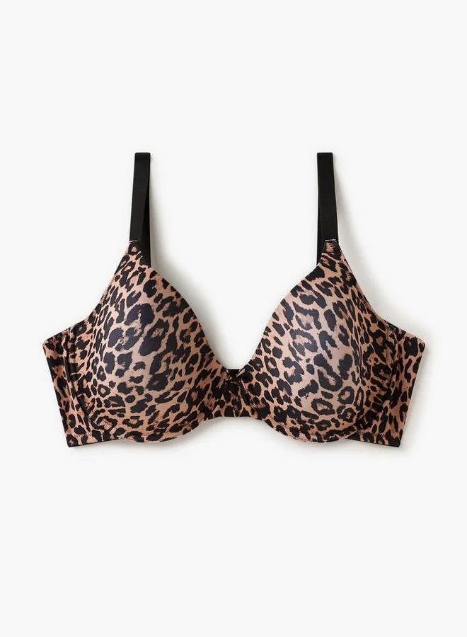 Aadaraya Aadaraya Animal Print Plunge Bra with Hook and Eye Closure