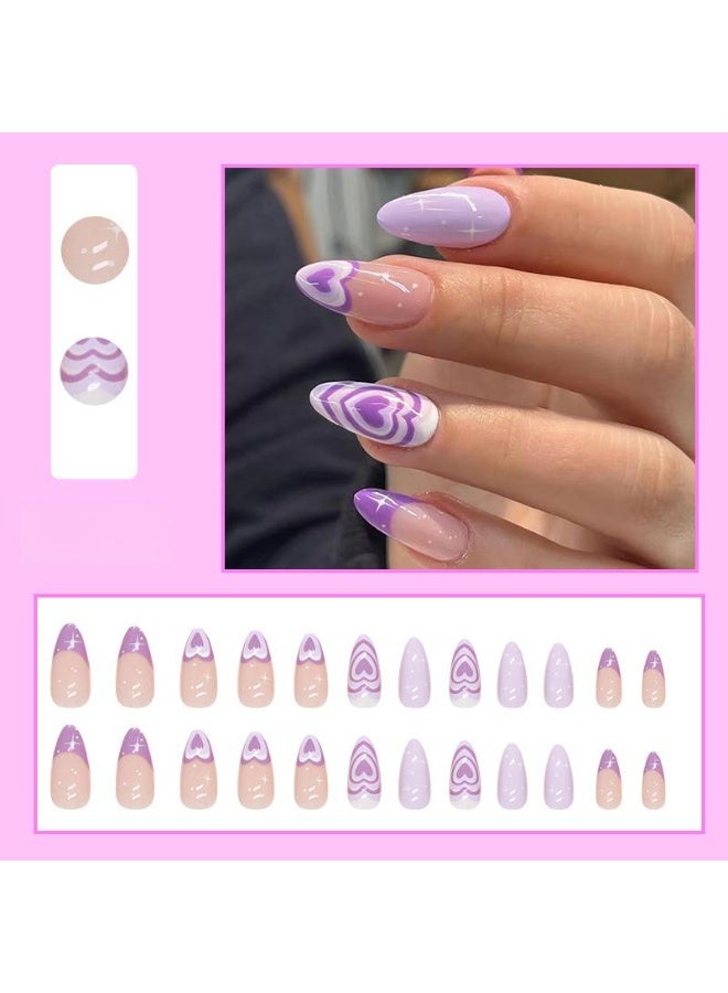 يوكانبي مجموعة 24 ظفر تركيب بشكل لوزي بلون بنفسجي – تصميم قلوب ونجوم لامعة بطول متوسط وأسلوب عصري أنثوي - Image 1