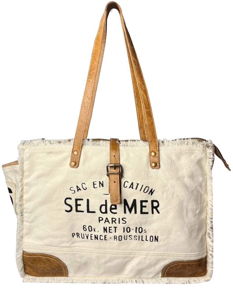 RUSTIC TOWN Canvas Leather Tote Bag for Women - Sel De Mer Upcycled Canvas Shoulder Bag Hobo Travel Handbag Ladies Purse Satchel, White - Image 1