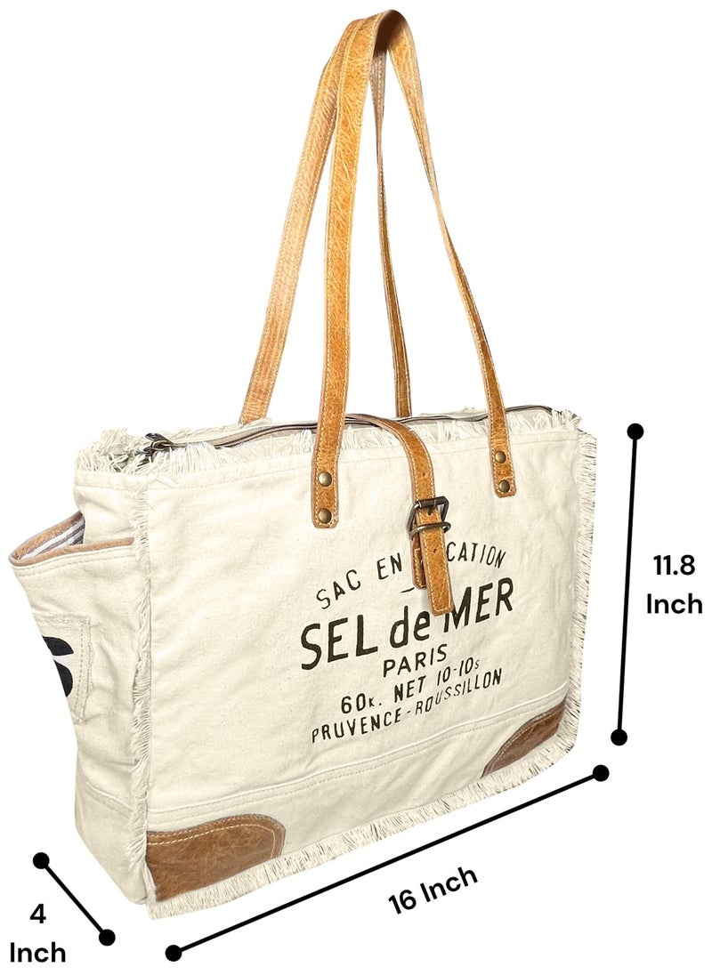 RUSTIC TOWN Canvas Leather Tote Bag for Women - Sel De Mer Upcycled Canvas Shoulder Bag Hobo Travel Handbag Ladies Purse Satchel, White - Image 4