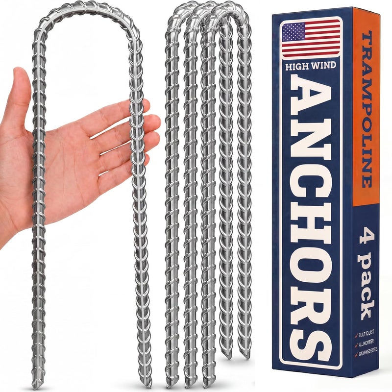 Happin 4 Pc Happin Trampoline Anchor Stakes for High Wind; Heavy Duty 12” U-Shape Ground Stakes Made of Galvanized Steel; Trampoline Tie Down Anchor Kit for Safety and Property Protection (Silver) - Image 1
