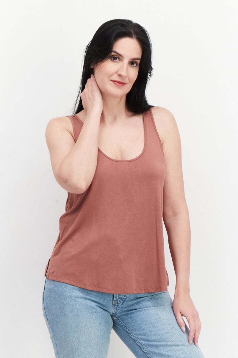 Gentle Fawn Women U Neck Sleeveless Solid Tank Top, Dark Peach  - Image 1
