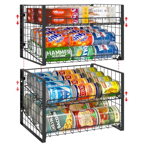 JKsmart 2-Tier Stackable Can Rack Organizer for Pantry, Adjustable Can Dispenser Holds Up to 60 Cans, Can Storage Holder for Various Ounces of Canned Food Soda Drinks, Black, 2 Pack - Image 1