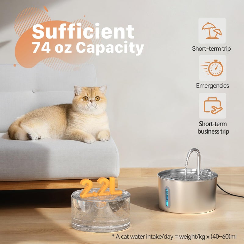 KOOGMOON Cat Water Fountain Stainless Steel: 2.2 L Cat Fountain for Drinking - Automatic Pet Water Fountain for Cats Inside - Metal Cat Dog Water Dispenser Bowl with Faucet Water Level Window Ultra Quiet Pump - Image 2
