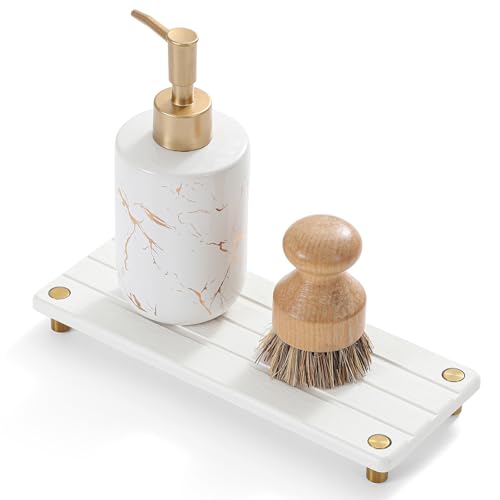 Razborci Instant Dry Sink Caddy Kitchen Sink Organizer, Quick Drying Diatomaceous Earth Stone Sink Tray Sponge Holder Soap Dish, Bathroom Countertop Vanity Dispenser Toothbrush, Gold White, 10" x 4" - Image 1