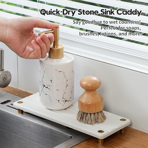 Razborci Instant Dry Sink Caddy Kitchen Sink Organizer, Quick Drying Diatomaceous Earth Stone Sink Tray Sponge Holder Soap Dish, Bathroom Countertop Vanity Dispenser Toothbrush, Gold White, 10" x 4" - Image 3