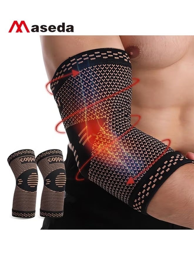 Maseda Copper Elbow Compression Sleeve, 2 Pack Tennis Elbow Brace for Women and Men, Arms Support Sleeve for Tendonitis, Tennis, Golfers and Workout, Allows for Movement, Graded Compression, Greater Comfort (L) - Image 1