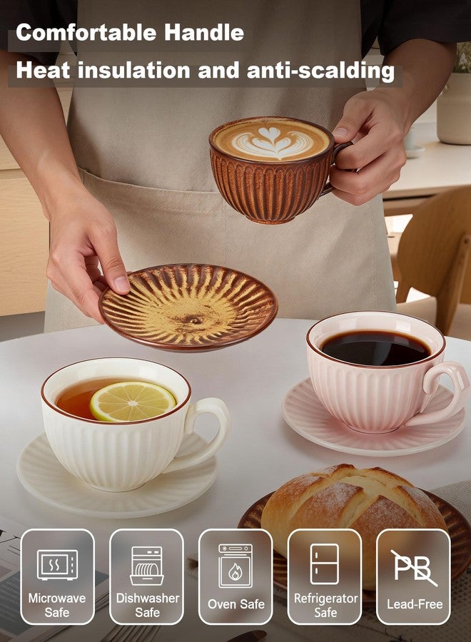 كوب قهوة سيراميك بتصميم كلاسيكي سعة 11 أونصة، مزين برسومات فنية، مناسب لتحضير الكابتشينو، مع صحن. كوب شاي بورسلين كلاسيكي منقوش، مثالي للإسبريسو، المقاهي، وجبات الفطور المتأخر، والمطبخ المنزلي. آمن للاستخدام في الميكروويف وغسالة الصحون. - Image 3