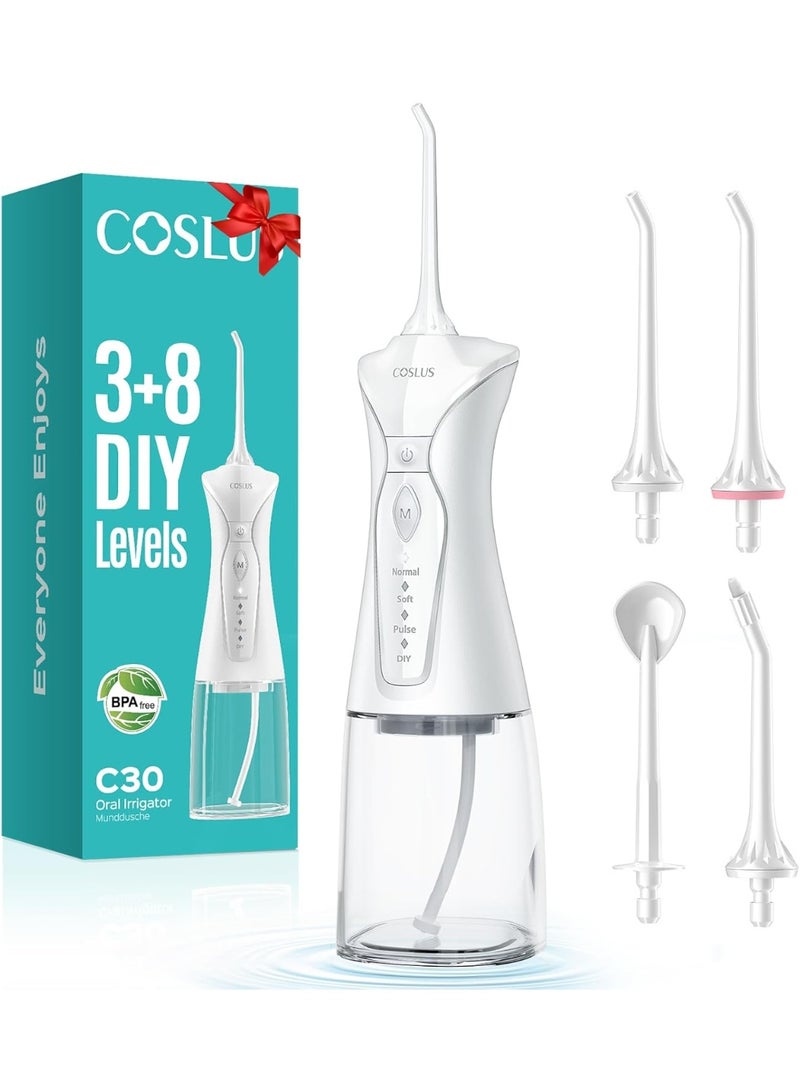 COSLUS C30 Portable Water Flosser for Teeth & Gums - Oral Irrigator with 3 Modes, 8 DIY Levels, 300ML, White - Image 1