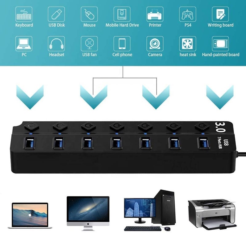 COOLCOLD USB Hub, with Type c Dongle, 7-Port USB 3.0 Hub with Individual Power Switches and Lights, 0.3m Cable, High Speed Extension Hub for PC, Laptop (Black) - Image 5