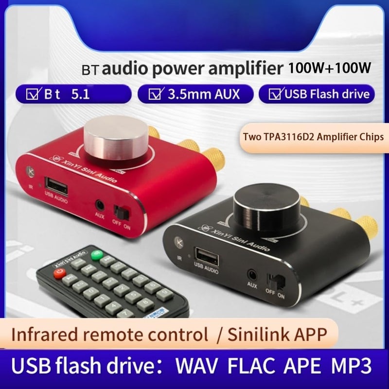 مضخم صوت لاسلكي أحمر بقوة 100 واط بلوتوث 5.1 محمول مع مدخلات AUX و USB للاستخدام المنزلي وفي السيارة - Image 4