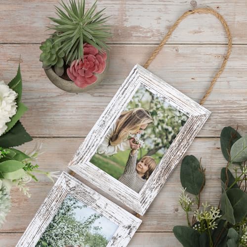 QUTREY 4x6 Hanging Picture Frames Collage Set of 2, 4 Openings 4 x 6 Photo Frames for Vertical 4 by 6 inch Pictures for Wall Decor, Distressed White - Image 2