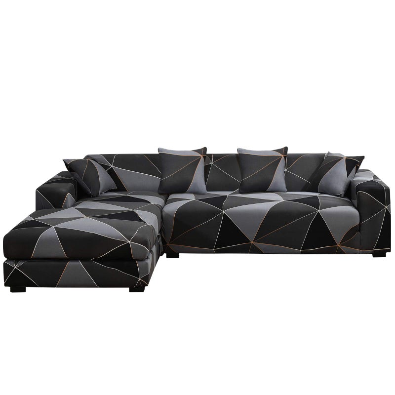MIFXIN Sectional Sofa Cover 2 Piece Stretch 3 Seat L Shape Couch Slipcovers Elastic Printed Sectional Sofa Furniture Protector for Living Room with 4pcs Pillow Covers Black Gray