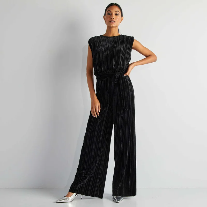 Kiabi Sleeveless Pleated Velour Jumpsuit Black