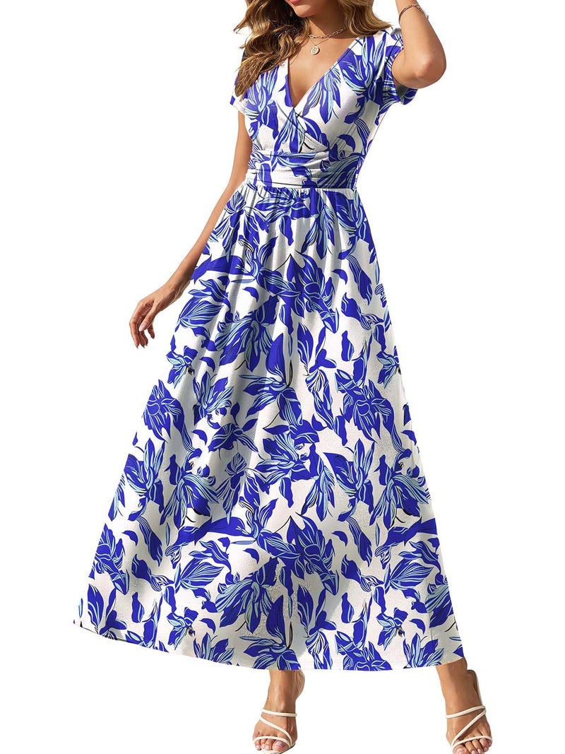 Gracyoga 2025 Summer Casual Wrap Dresses Flowy Evening Elastic Waist Dress Short Sleeve Elegant V Neck Outfits Blue Floral M - Image 1