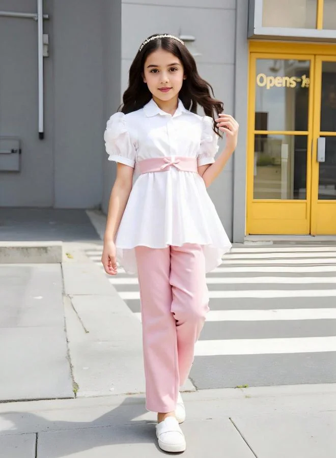 Take Two Girls Applique Puff Sleeve Shirt and Pants Set