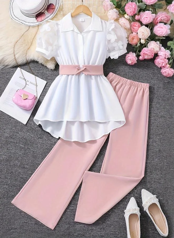 Take Two Girls Applique Puff Sleeve Shirt and Pants Set