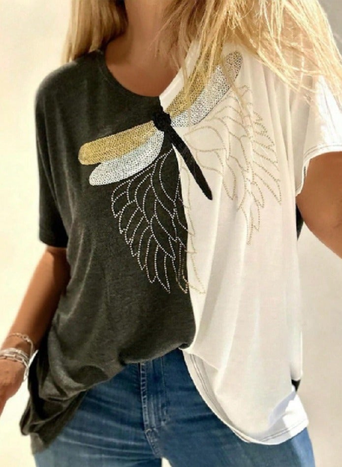 Shein Women's Spring/Summer Contrast Color Embroidered Short Sleeve T-Shirt  - Image 1