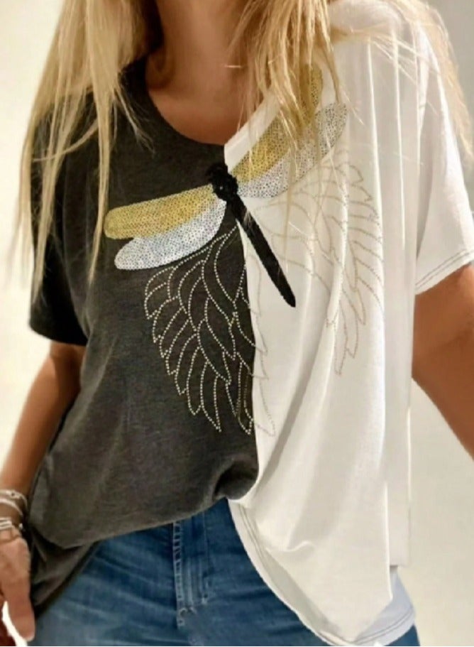 Shein Women's Spring/Summer Contrast Color Embroidered Short Sleeve T-Shirt  - Image 2