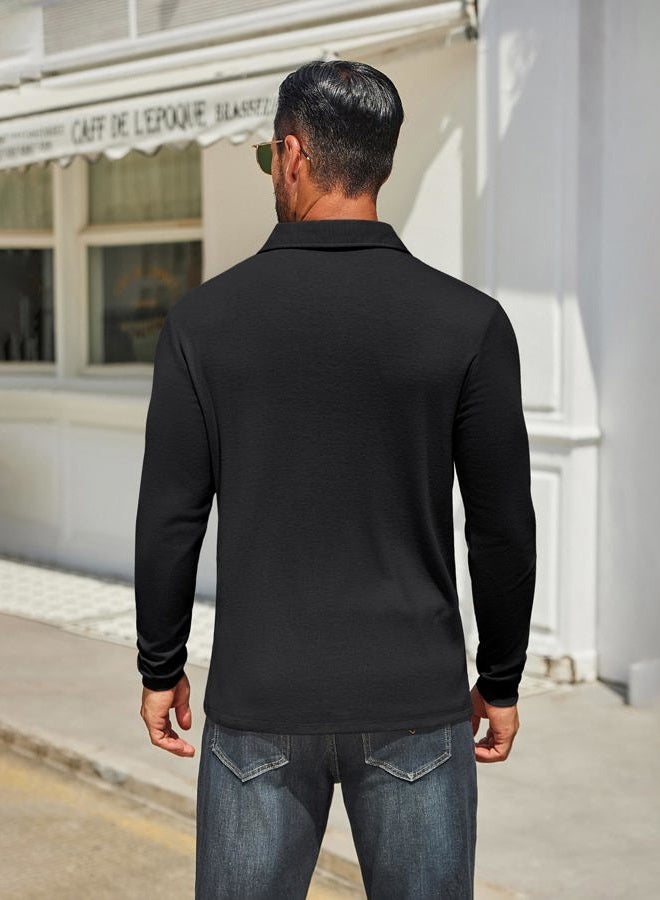 COOFANDY Mens Long Sleeve Polo Shirts Classic Casual Button Polo Tee Lightweight Collared Golf Shirt, 01-black, XXL - Image 3